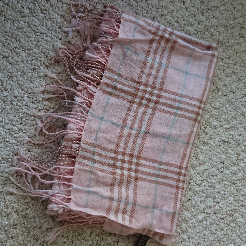Plaid Pink Tan Fringe Scarf 100% wool Pashmina